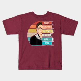 Never Underestimate The Power of A Girl With Book RBG Kids T-Shirt